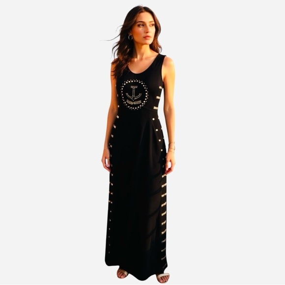 Cache Y2K Black Knit Bodycon Maxi Dress Studded Nautical Details Women’s Small - Picture 1 of 16